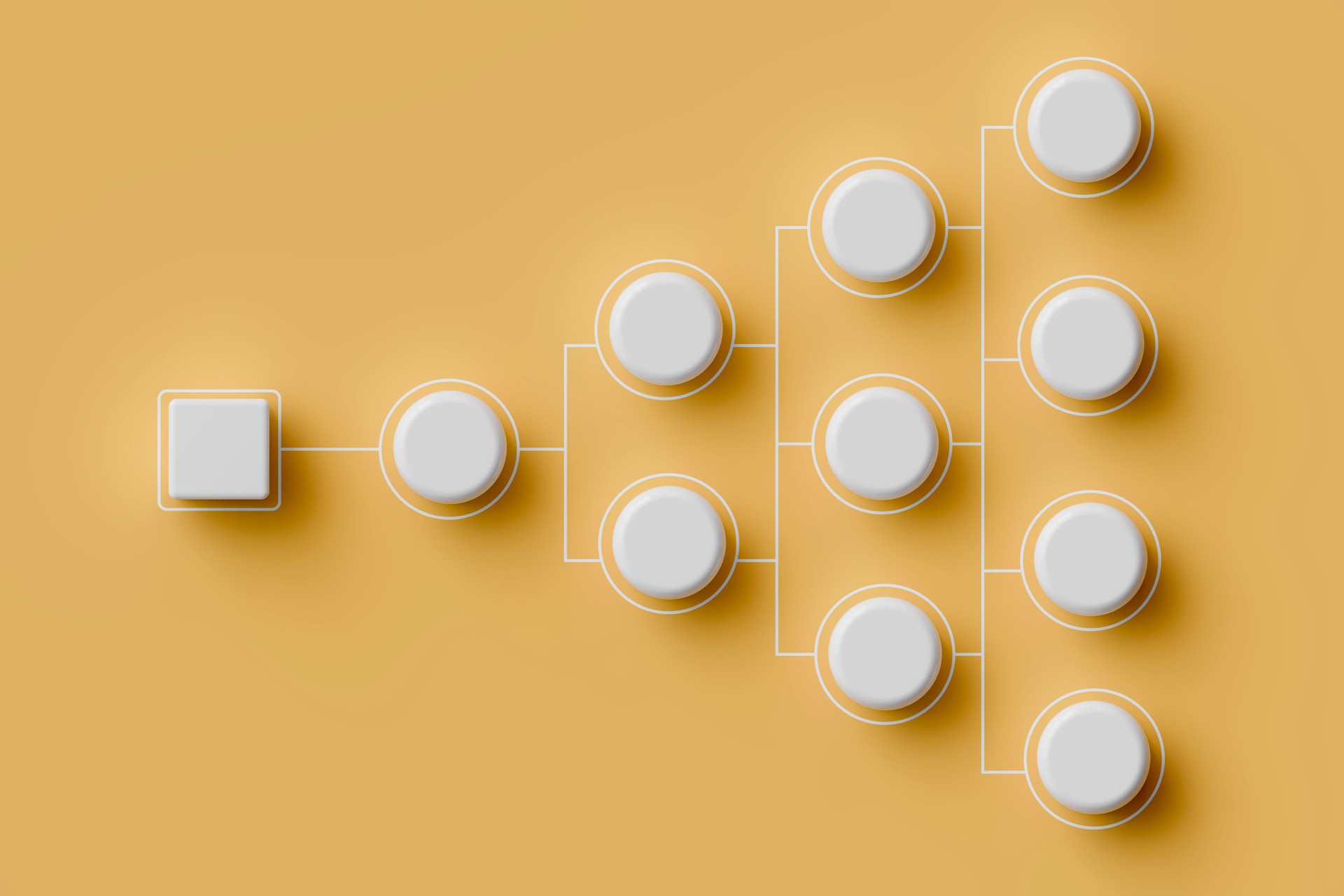 White circle with connecting lines diagram on yellow background. Organization structure concept.